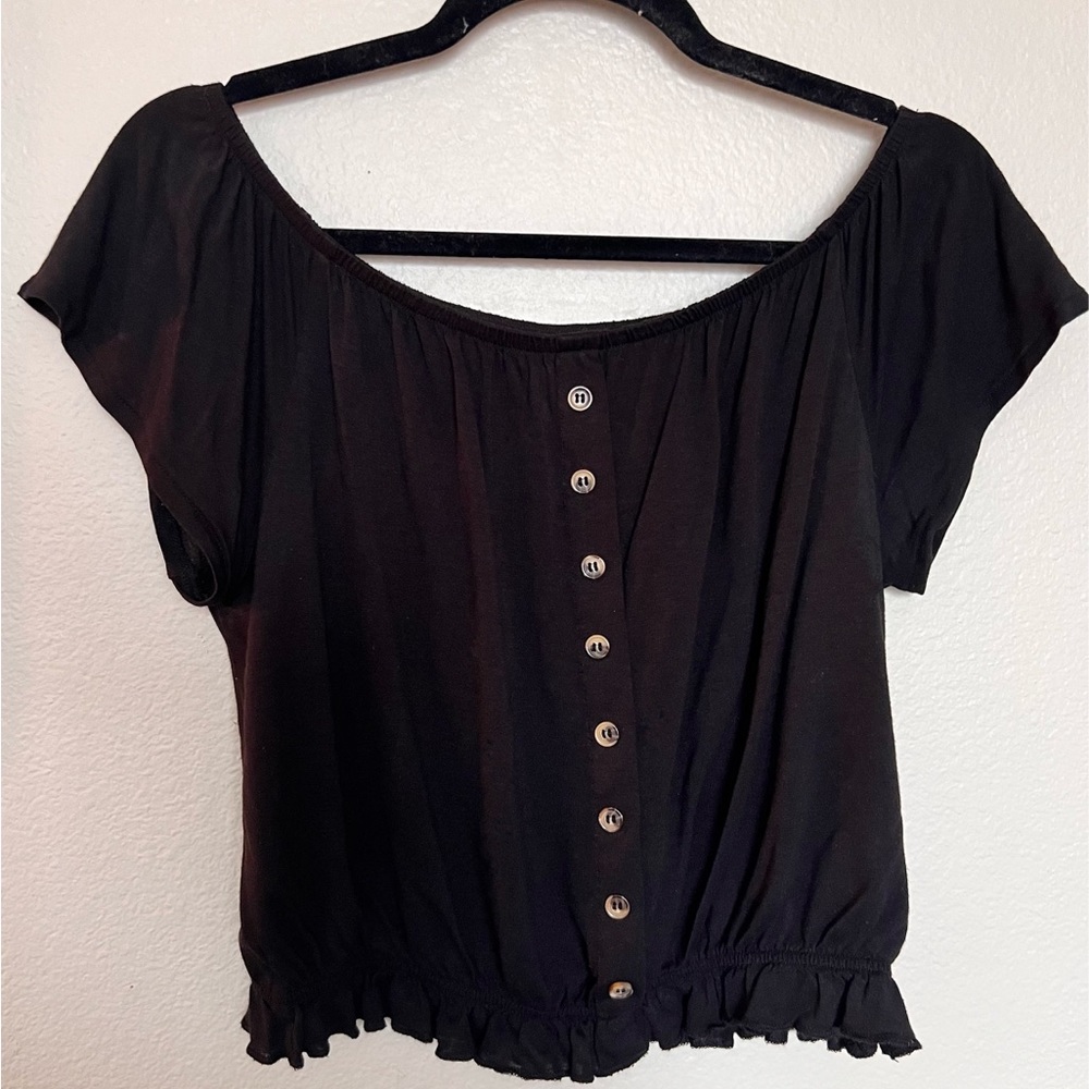 H&M slouchy black crop top with buttons, off shoulder, ruching across the bottom